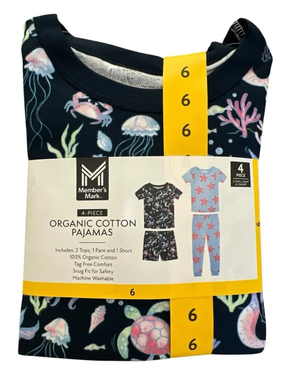 Member's Mark Organic Cotton Kids Pajama Set-2 Tops/1 Pant/1Shorts-Size 6